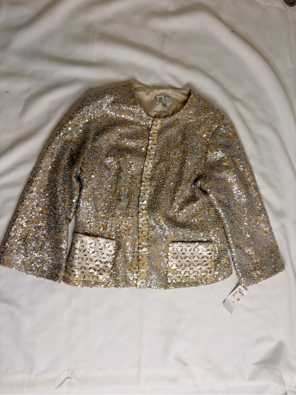 NEW Vintage Alberto Makali Designer Gold Royalty Sequined Crinkle Top Sz 14